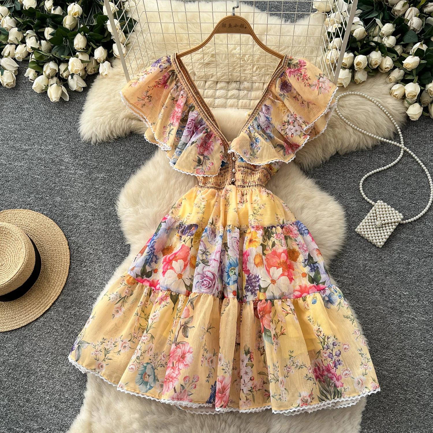 2026 Summer Boho Floral Mini Dress Women V-Neck Ruffle Sleeve Bow Backless A-Line Short Beach Vacation Party Dress S
