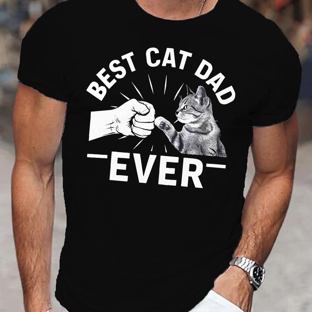 Best Cat Dad Ever Fist Bump Graphic Tee Men Casual Short Sleeve TShirt Breathable Cotton Gift