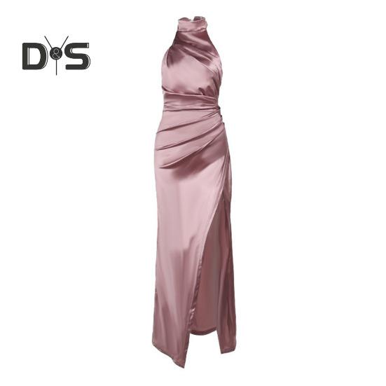 Women Ball Gown Stand Collar Halter Neck Off Shoulder Sleeveless Satin Evening Dress Slim Fit Pleated Solid Color High Slit Floor Length Maxi Dress