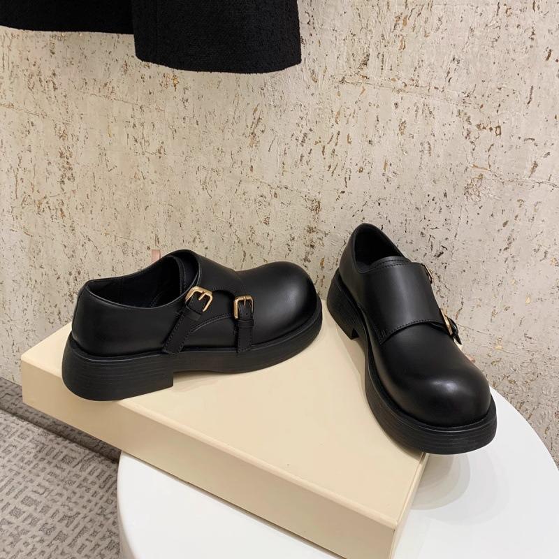 

Double buckle with round head and one pedal, ugly and versatile autumn retro big head leather shoes for women 40