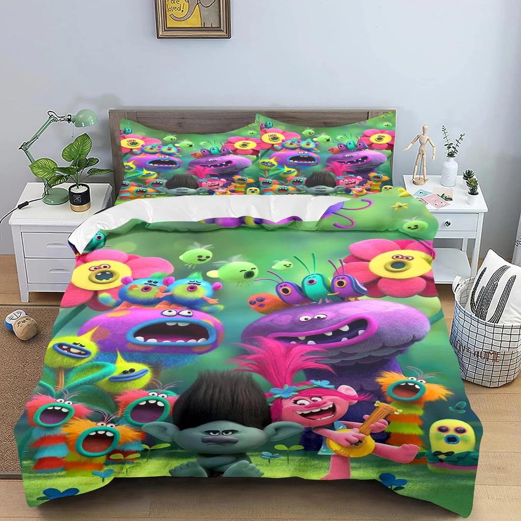 Anime Cartoon Trolls 3D Printed Bedding Set Boys Duvet Cover Set Single Double for Kids Teens 2/3piece set Room Decor Gift