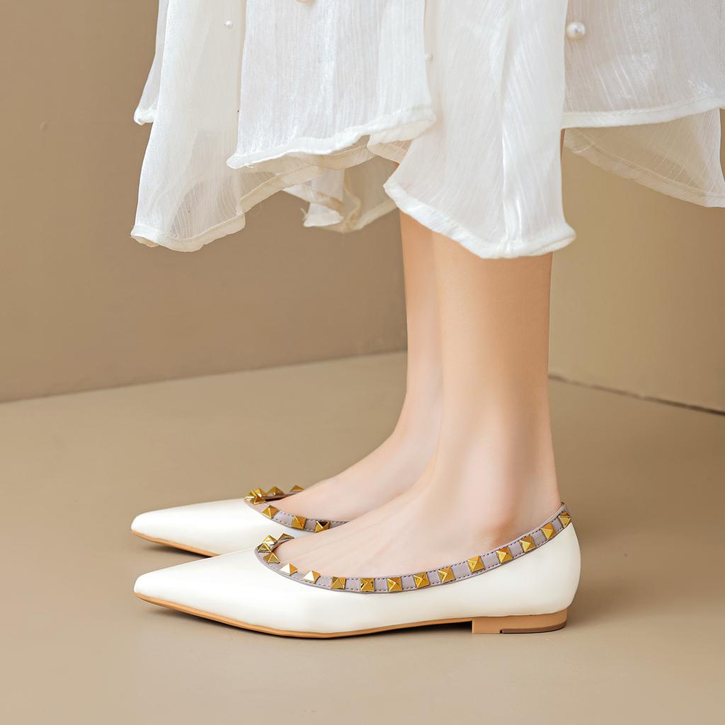 Scarpe Basse a Punta Stile Francese per Donna, Scollo Basso, Borchiate, Suola Morbida, Scarpe da Sera
