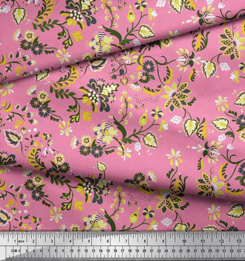 Soimoi Japan Crepe Satin Fabric Leaves & Floral Artistic Decor Fabric Printed Metre 42 Inch
