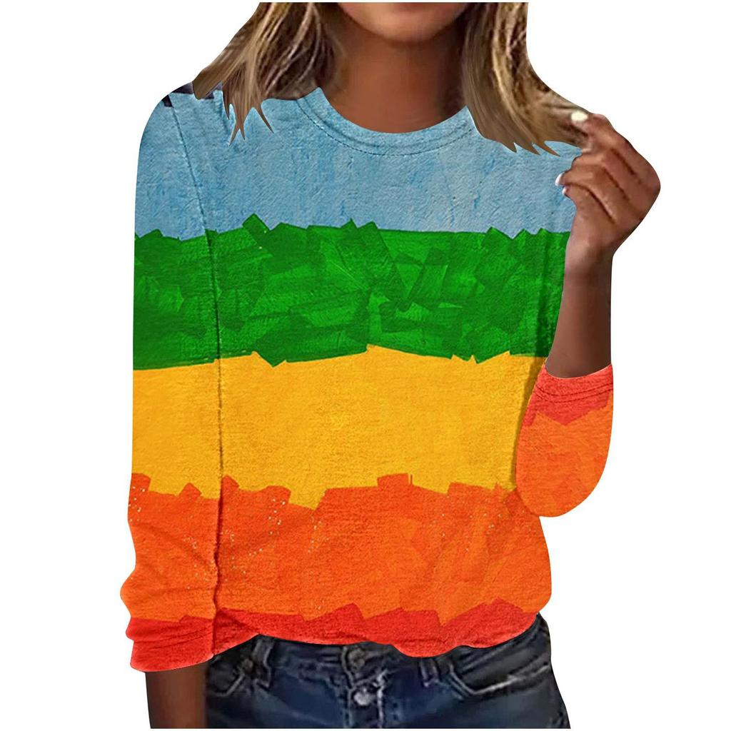 Jarní a podzimní dámská trička s kulatým výstřihem a 3D barevným potiskem, módní a ležérní s dlouhým rukávem