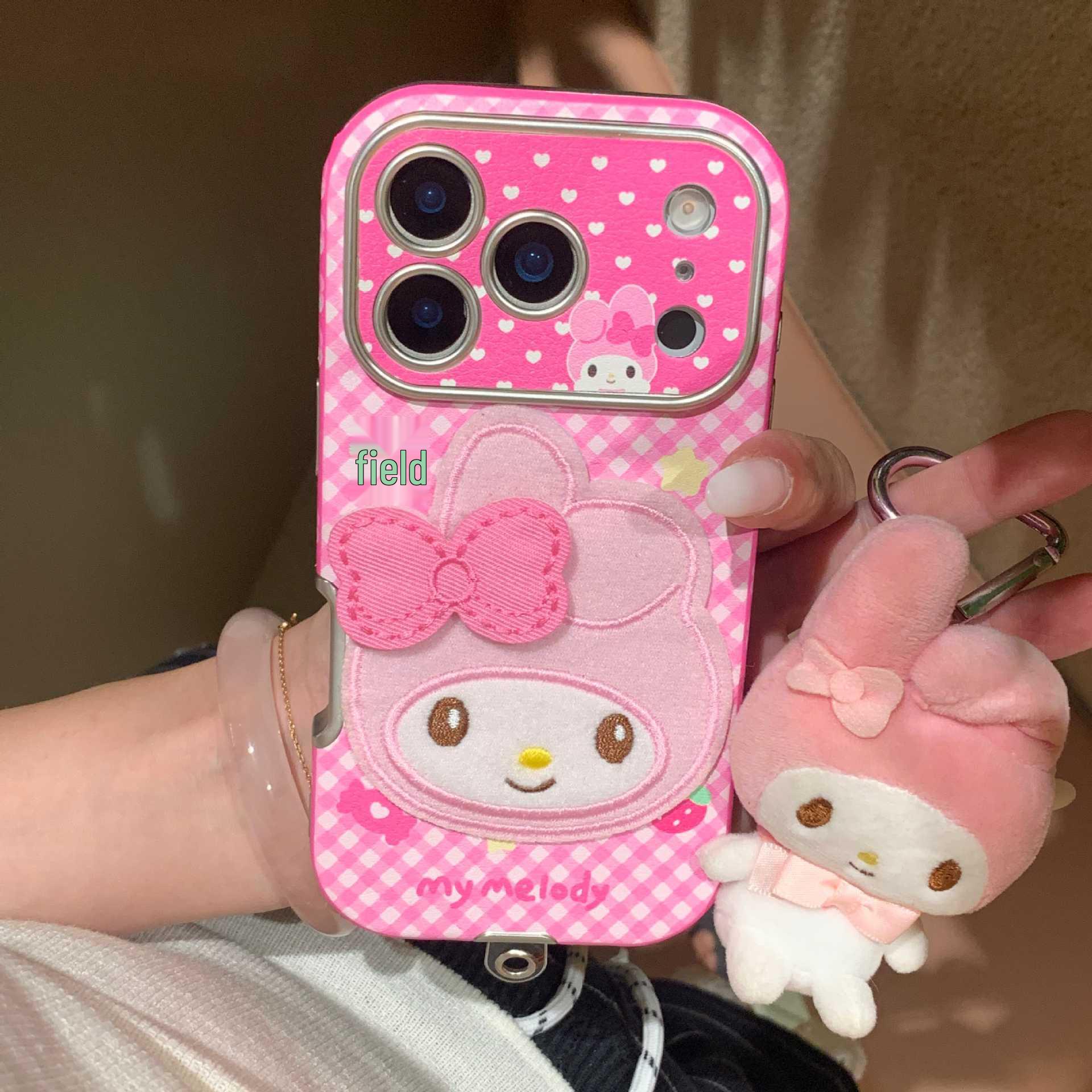 

Sweet Girl Pink Plaid Cartoon Hand Strap Phone Case for iPhone 17/16 Pro Max/15/14 iPhone 15 Pro Max