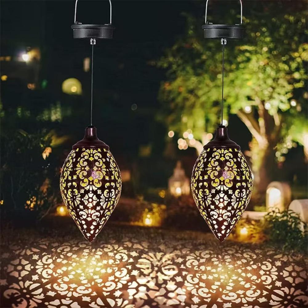 Solar-Powered Metal Olive Ball Water Drop Pendant Light Outdoor Garden Landscape Lamp Festive Decorations
