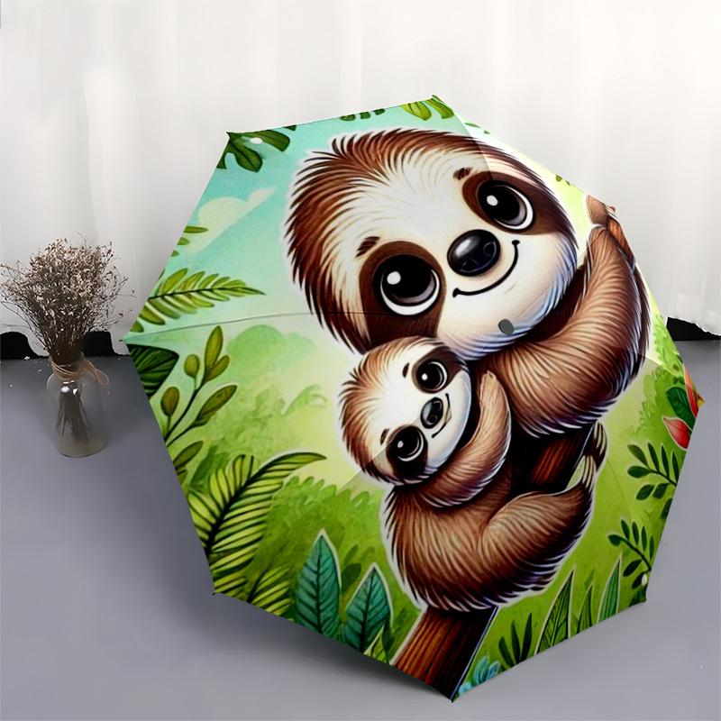 1pc Sloth Family in Tropical Forest Umbrella with Plastic Handle,Suitable for All Seasons Home Travel Outdoor UmbrellaDD1605