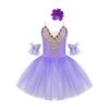 Girls Ballet Dance Dress, Sleeveless Tutu with Spaghetti Straps, Rhinestone & Lace Decor, Mesh Skirt + Headdress & Ruffle Band