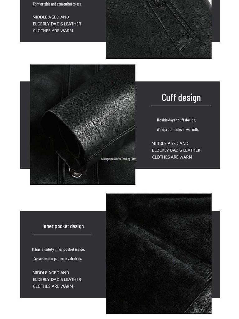 Men's Winter Leather Jacket with Fur Collar: Fleece-Lined, Thick Overcoat for Ages 50-60, Button-Up Style for Warmth.