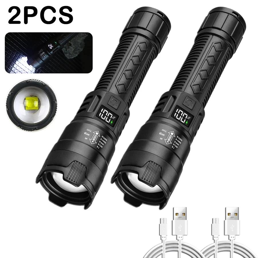 Super Bright 2000LM LED Flashlight USB Rechargeable Zoom Tactical Torch with Power Display Camping Fishing Emergency Lantern