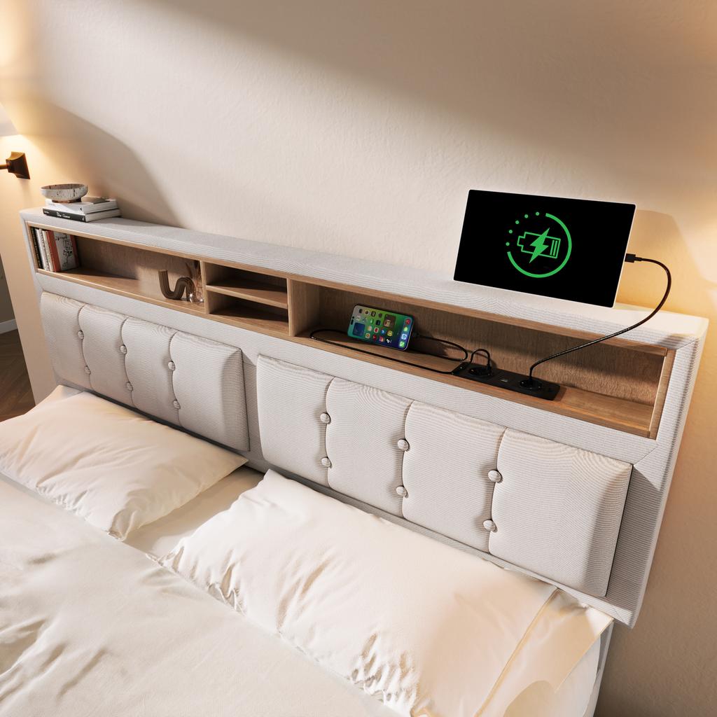 Pat Dublu cu 4 Sertare și Priză USB C, Pat Tapițat 140x200cm, Tăblie Reglabilă pe Înălțime, Somieră cu Scânduri din Lemn (Fără Saltea)