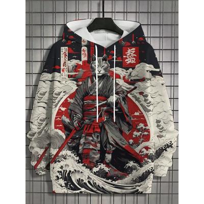 Japonská kočka samurajská mikina pro muže Podzimní a zimní móda Mikina s kapucí Ležérní Pánské tričko s dlouhým rukávem Oversized Streetwear 5xl