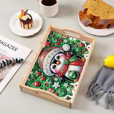 Wooden Animal Snowman Colorful Diamond Food Dinner Plate with Handle Diamond Painting Tray Handicraft for Countertop Decor