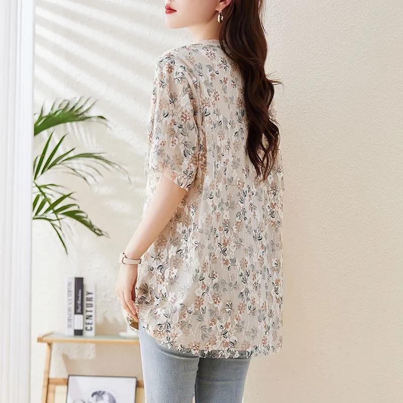 Blumen-Netz-Patchwork-Kurzarm-T-Shirt für Damen Sommer Neu Übergröße Damen Mittellanges lockeres Oberteil