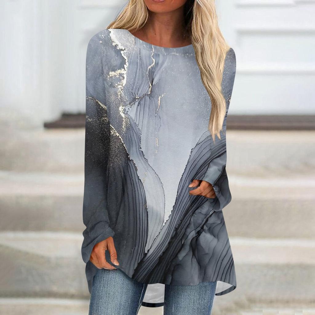 Modisches, lässiges, langärmliges T-Shirt mit Rundhalsausschnitt und Aufdruck für Damen in Übergröße