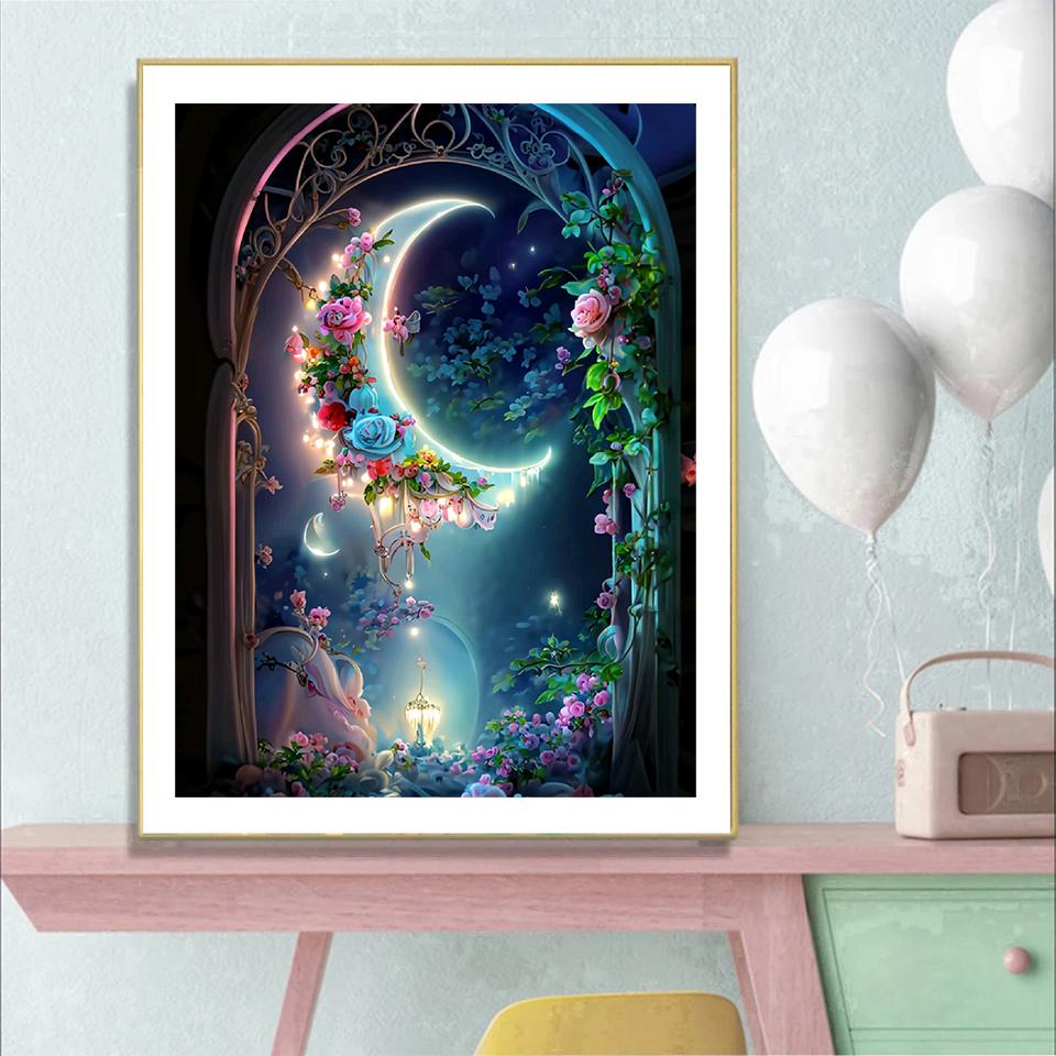 Flower and Moon Diamond Painting 5DDIY New 2024 Set Jewelry Cross Embroidery Beautiful Art Mosaic Home Decoration Craft Gift