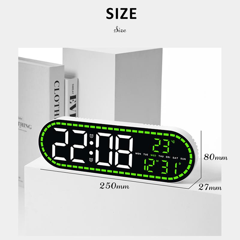 Digital LED Wall Clock Two Sets of Alarms Temperature Date Week Display Timing Function Electronic Clock for Bedroom Decoration