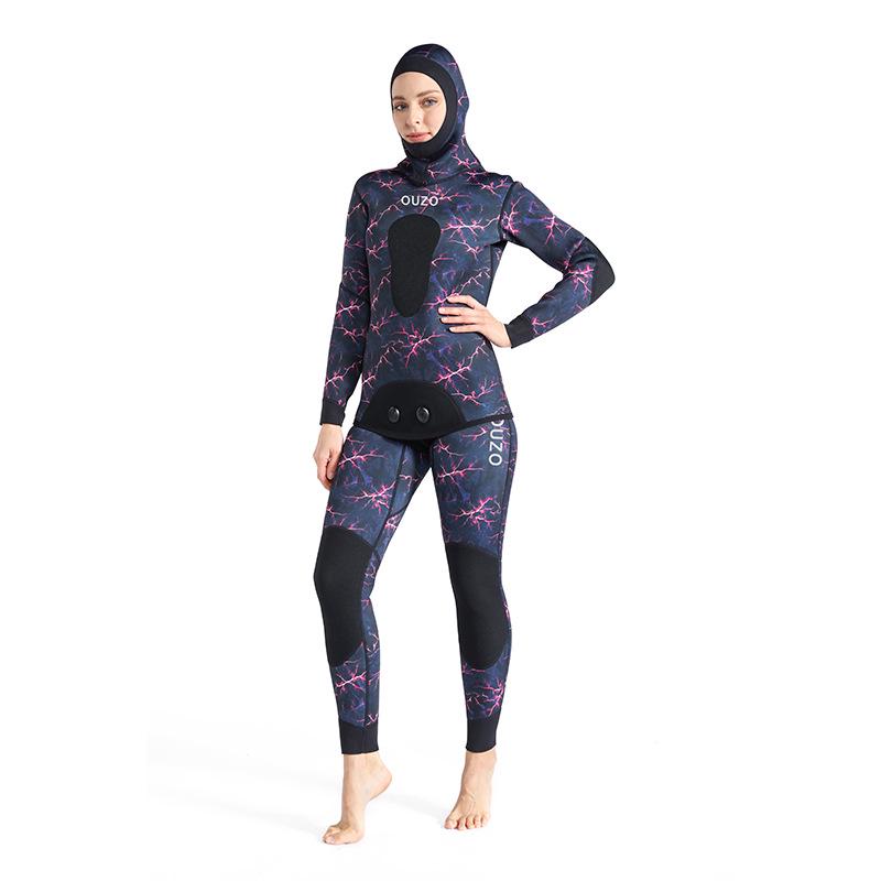 Combinaison de chasse sous-marine et de plongée pour femme 3 mm à capuche - Deux pièces pour la nage chaude en hiver, le surf et la pêche.