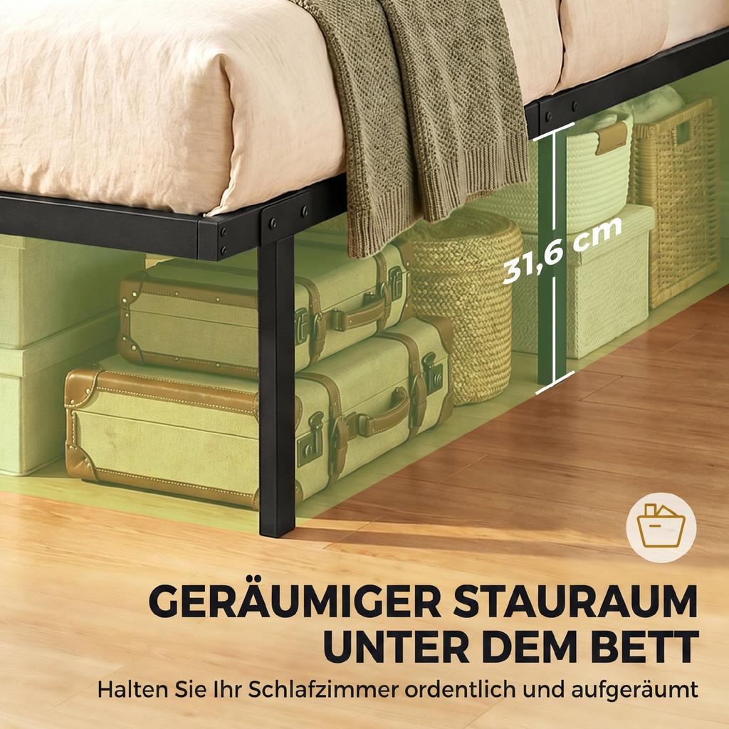 Struttura del letto, 90 x 200 cm Letto in metallo con spazio sotto il letto, Struttura in metallo con base a doghe, Non richiede rete a doghe