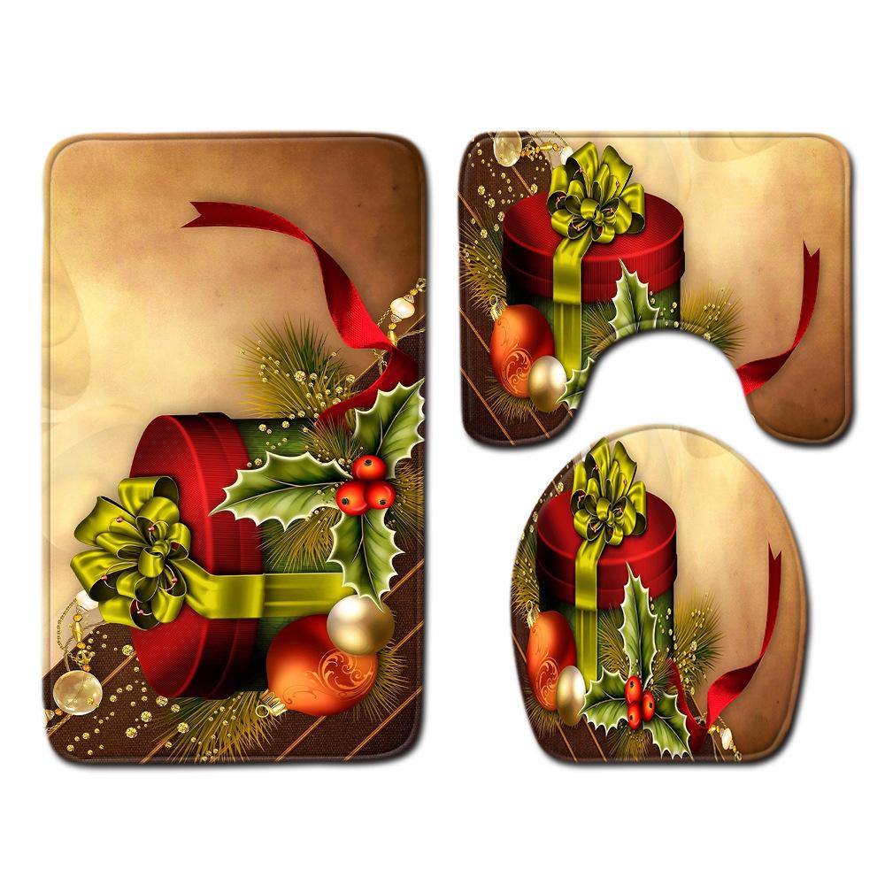 Christmas Home Door Mat Bathroom Toilet Shower Curtain Four-Piece Floor Mat Bedroom Absorbent Carpet