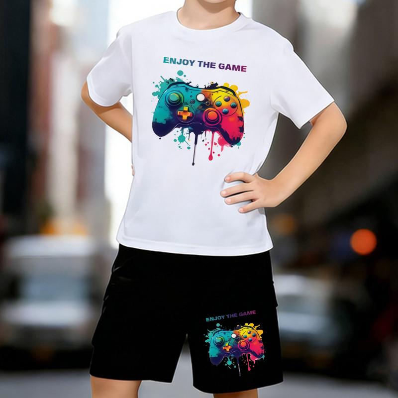 

Boys 2 Piece Graffiti Game Controller Outfit, Short Sleeve T-Shirt and Shorts Set for Kids Age 5-14,White,Black Sporty Casual Summer Clothes 13-14 Years білий