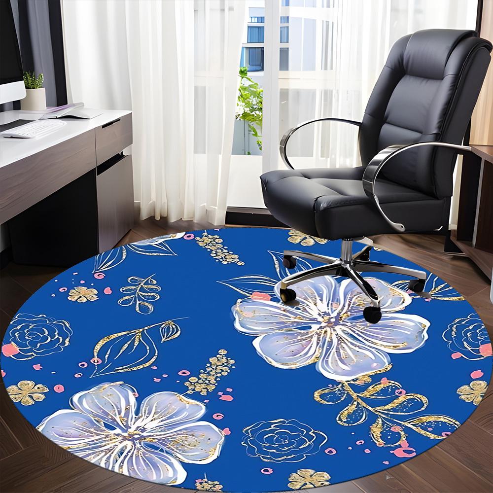 1pc Floral Blue Pattern Office Round Rug, Non-slip, Soft and Durable Office Rug for Interior Decoration, Perfect for Office, Beautiful Decoration yy26