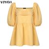VONDA Summer Women Square Collar Puff Sleeve Ruched Casual Blouse Tops