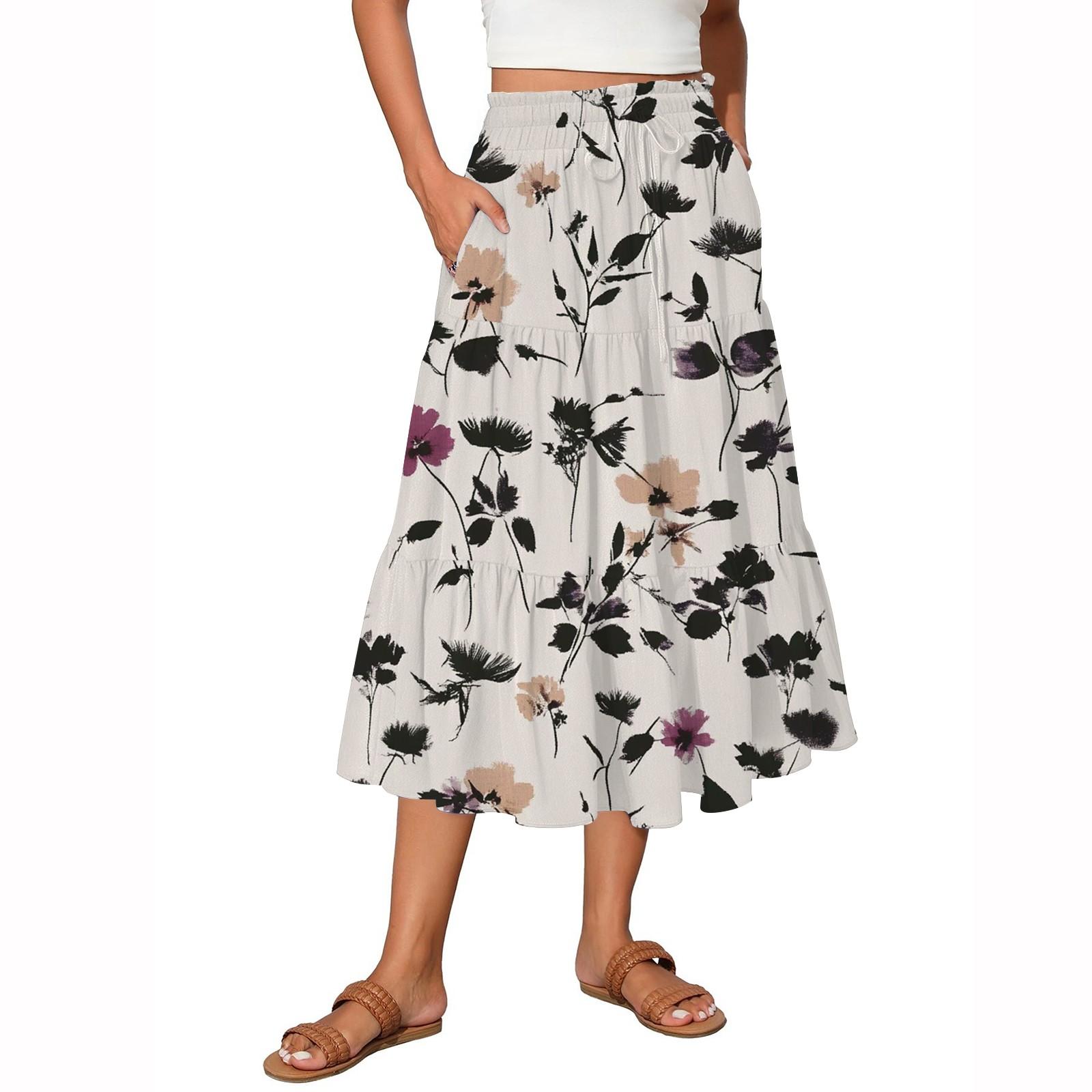 

Жіночі розкльошені жіночі спідниці-лінія з рюшами та довгі спідниці з еластичною талією Елегантні багаторівневі довгі спідниці в стилі бохо L бежевий