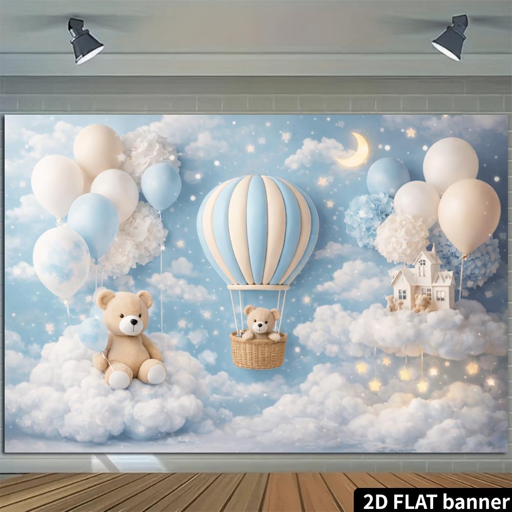 2D Plane Blue and White Hot Air Star Blank Canvas with Small Bear Background. Cloudy Sky Paired with Macaron Balloons.