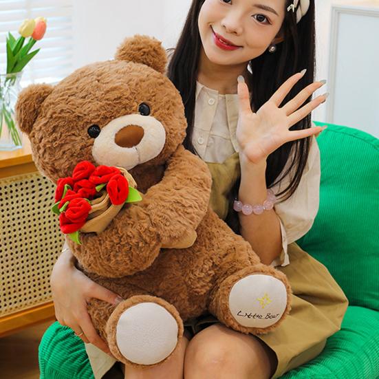 Rose Bear Plush Toy Cute Teddy Bear Holding Flower Bouquet Soft Stuffed Animal Gift for Valentine's Day