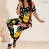 Women Plus Size Printed Two Piece Set Round Neck Short Sleeve Long Top And Fitted Long Pants