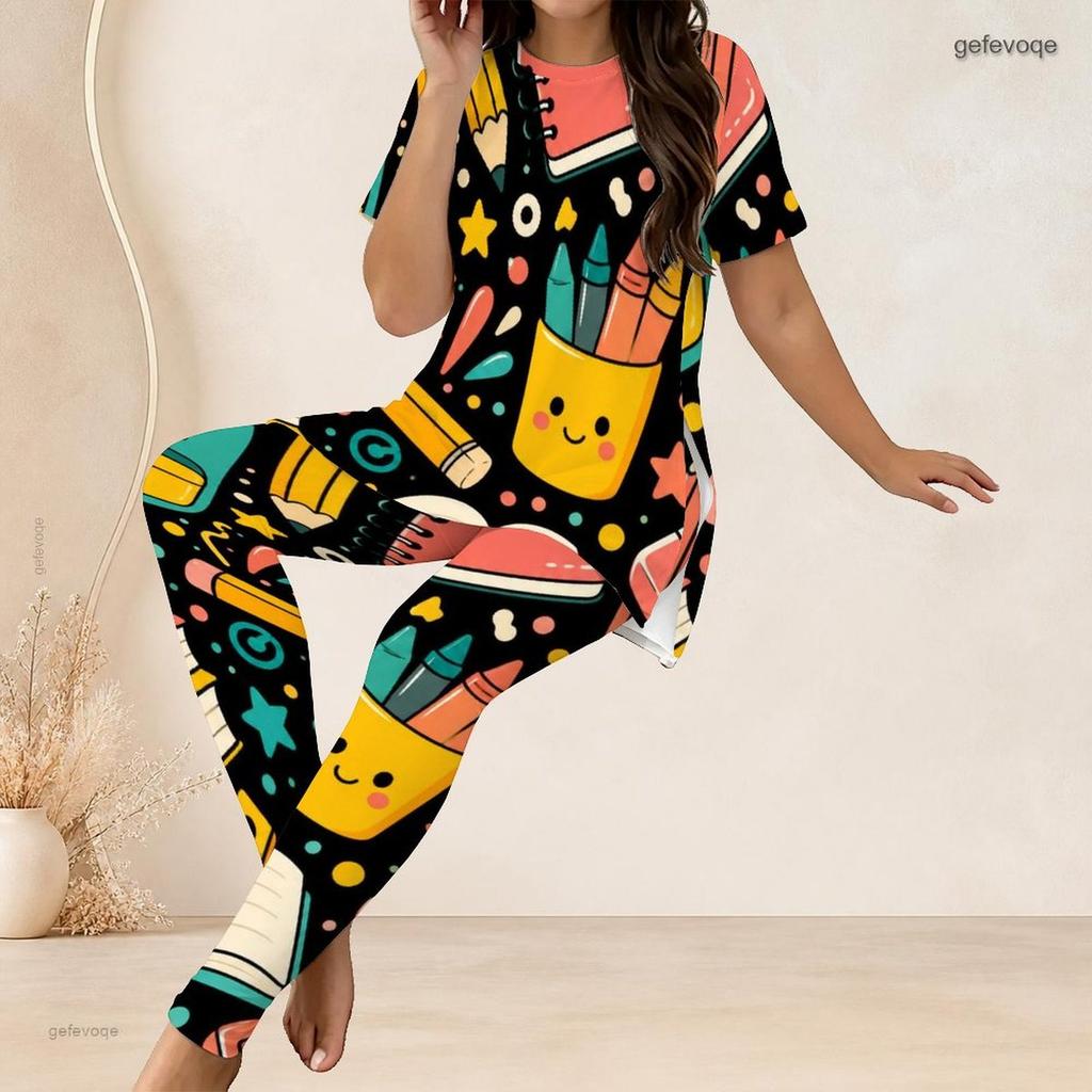Women Plus Size Printed Two Piece Set Round Neck Short Sleeve Long Top And Fitted Long Pants