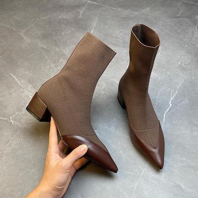Bottes Courtes à Talon Épais Pointues Automne Hiver Nouvelle Hauteur Épaissies Chaudes Chelsea Boots Femme