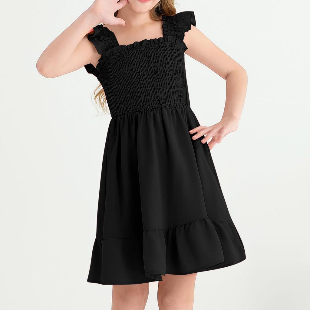 Girls Summer Sleeveless Dress - Square Neck Ruffled Back Short Dress