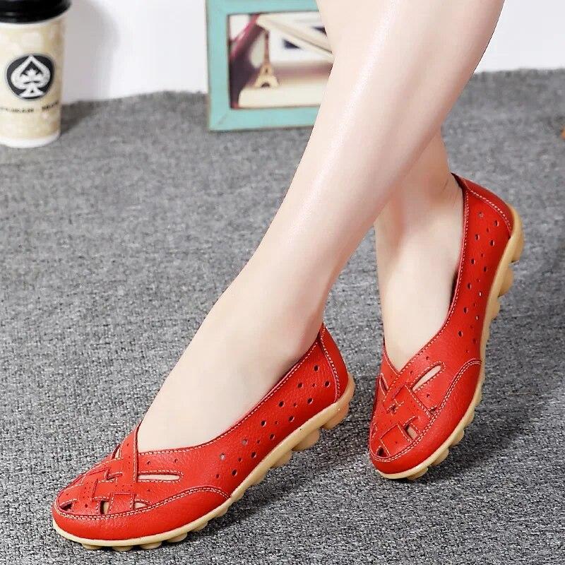 Novas sandálias femininas moda sola macia salto plano oco sapatos planos mulher sapatos de couro genuíno feminino casual 2024