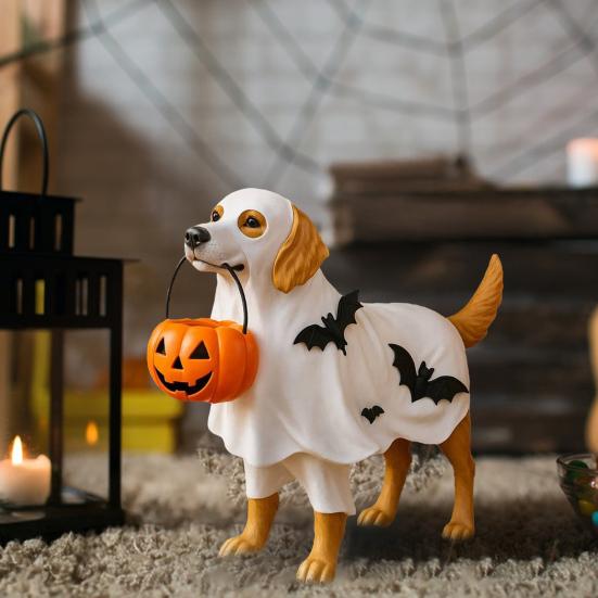 Halloween Ornament Dog Holding Pumpkin Bowl Ghost Statue Quirky Pet Figurine Indoor Outdoor Decoration