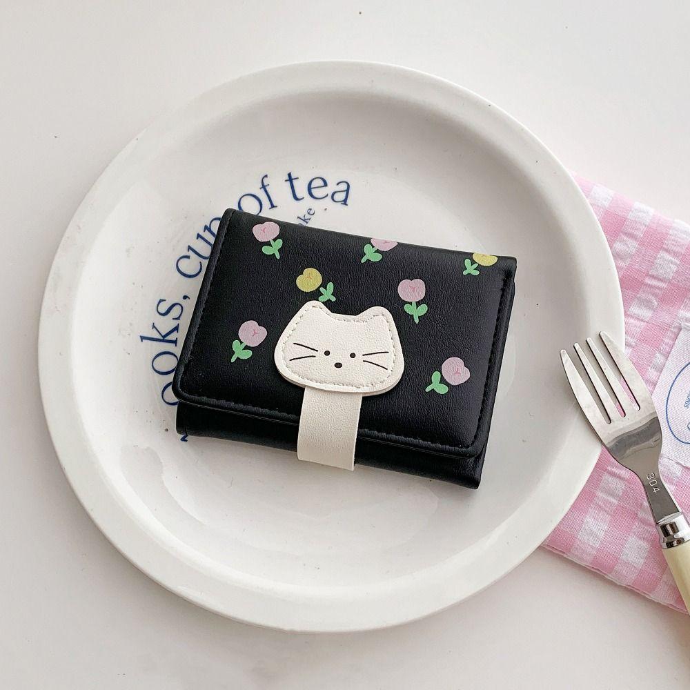 PU Leather Flower Printed Wallet Portable Three Fold Wallet Coin Purse Short Leather Purse  Travel