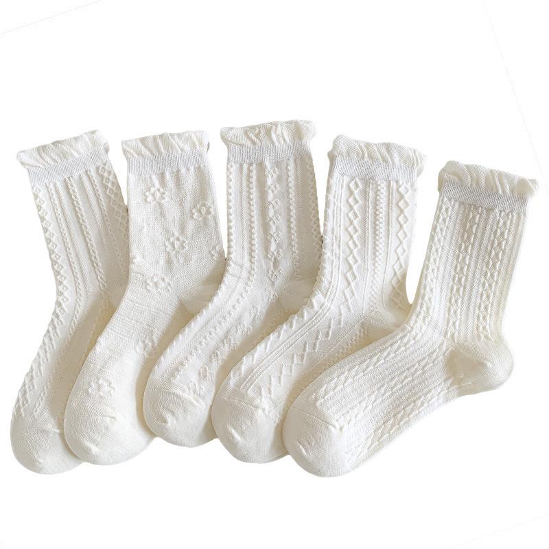 Women's Autumn Lace Ruffle Ballet Socks - Simple White Breathable Mid-Calf Scrunched JK Style.