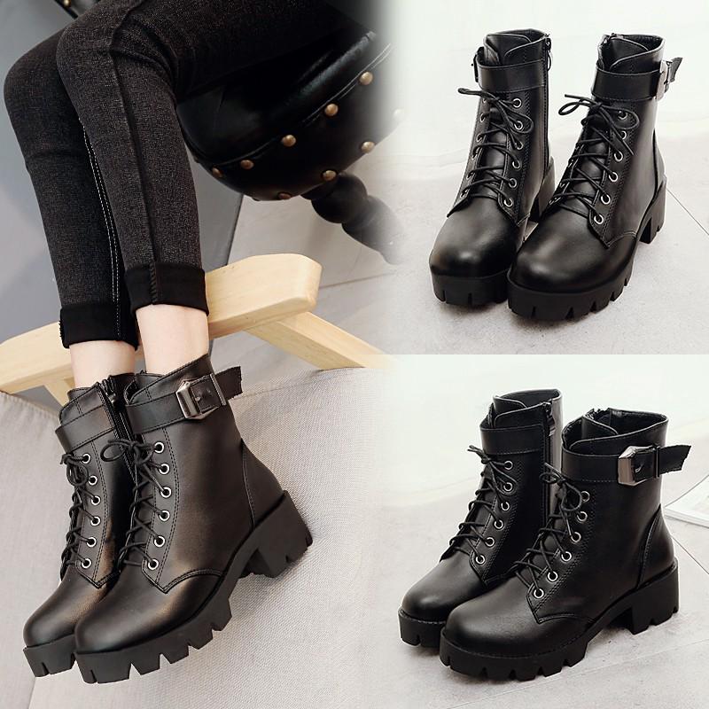 New Martin boots thick heel lace-up belt buckle short boots European and American boots