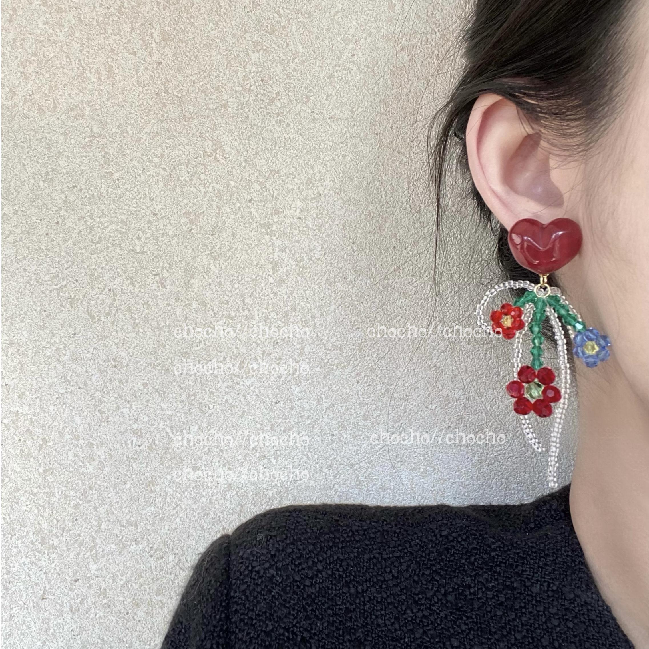 

Pendientes Exagerados Con Personalidad, Aretes De Cristal Con Forma De Coraz óN Rojo, Clip Para La Oreja, Flor Grande, Borla Larga, Sin Piercing