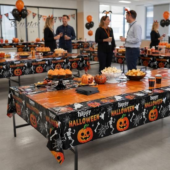 Halloween Party Decoration Happy Disposable Tablecloth, Spooky Pumpkin Ghost Skeleton Waterproof Oil-proof Tablecloth Table Cover for Kitchen