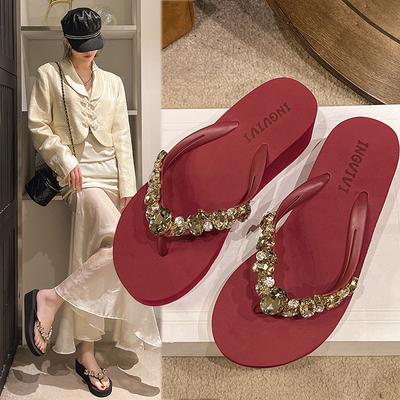 Comfortable and Fashionable All-match Beach Shoes Non-slip Soft Bottom Casual Flip-flops Rhinestone Chain Flat Slippers