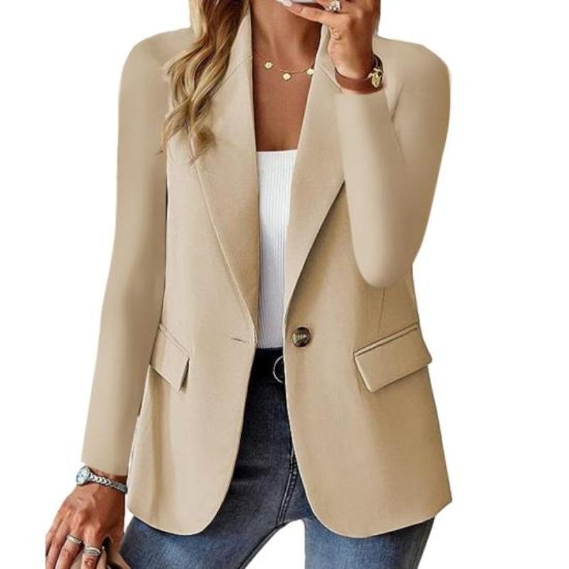 Women Suit Coat Lapel Long Sleeve Single Button Suit Jacket with Flap Pockets Solid Color Work Office Business Outerwear