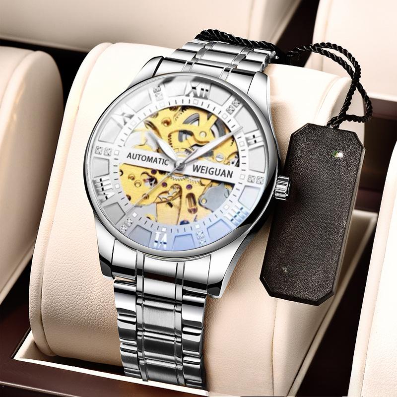 Relógio mecânico totalmente automático masculino oco negócios à prova d'água luminoso moda