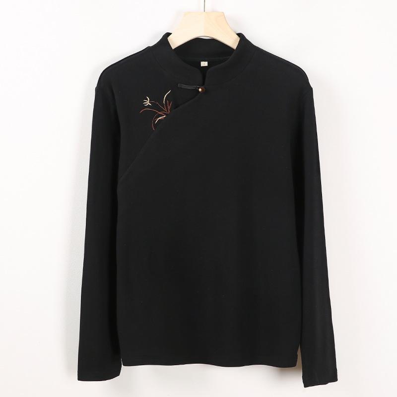 

Johnature Женские рубашки в китайском стиле с воротником-стойкой, теплые осенние топы, вышитые цветочные блузки, мягкая рубашка с длинным рукавом L чёрный