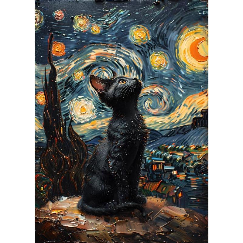 Black Cat Under The Sky Starry Night Series Theme Canvas Printing Fashion Populars Colors Mural Studio Home Decoration Art Gifts
