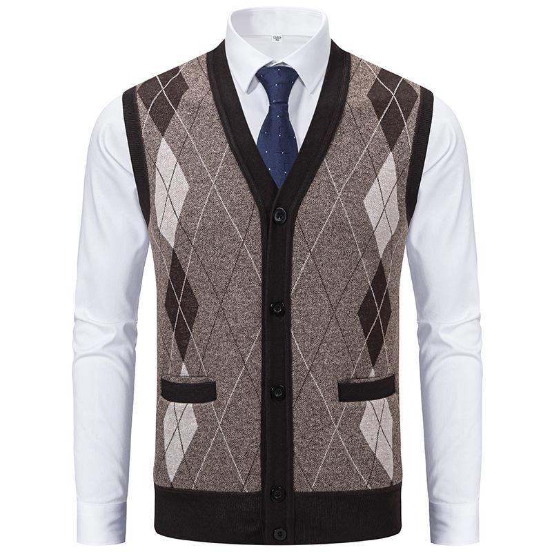Men's Plaid Knit Cardigan with Velvet Stripes - Loose Casual Poncho Vest for Autumn and Winter