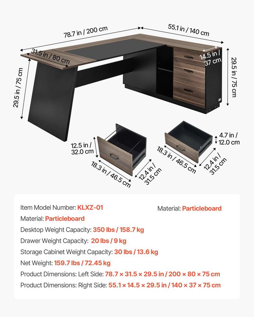 L-Shaped Executive Desk, Large Modern Office Table with Drawers and Storage Cabinet, Heavy Duty Wooden Executive Table, 158.7 KG Load Capacity, Easy