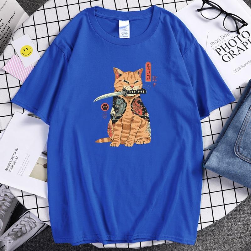 Summer Unisex 100 Cotton Shortsleeved Breathable Samurai Cat Personalized Print Tshirt For Casual And Loose Fit Hiphop Style