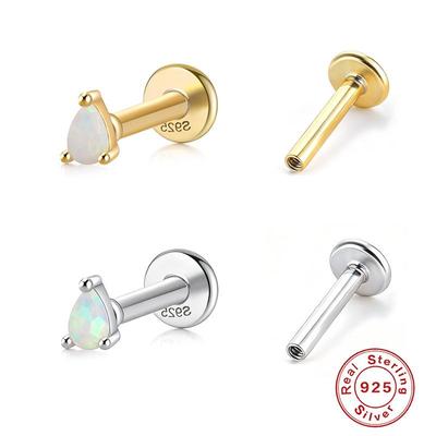 S925 Sterling Silver Opal Cartilage Stud Earrings with Diamond-Set, Trendy European and American Style